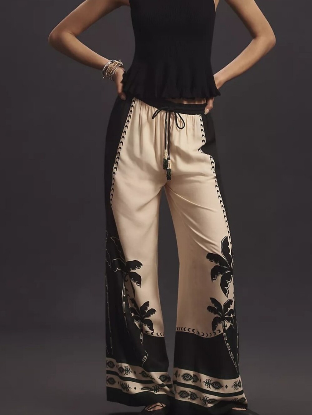 Farm Rio Anthropologie Martina Pull-On Wide Leg Pants Tassel Womens Small Resort